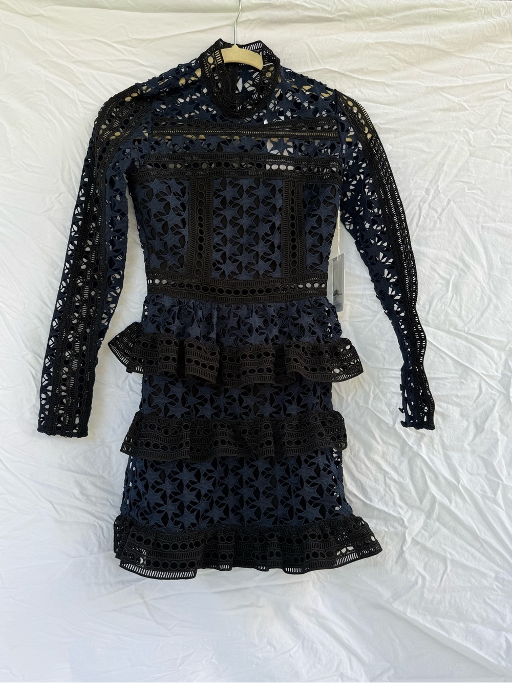 Self Portrait Lace Overlay Long-Sleeve Peplum Mini Dress - Black